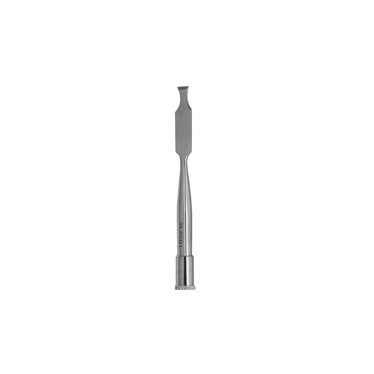 a stainless steel tool with a long handle on a white background