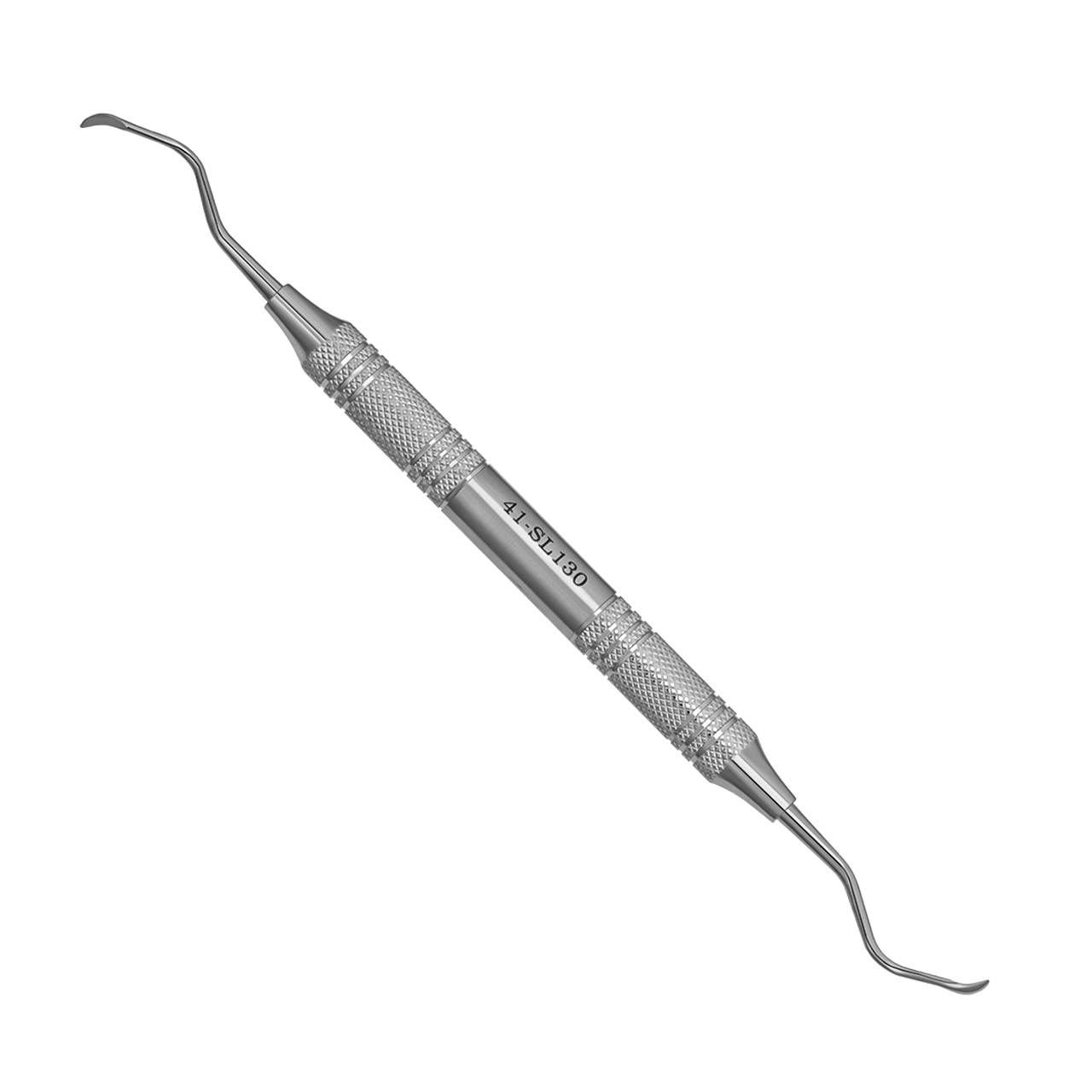 a dental instrument with a stainless steel handle on a white background