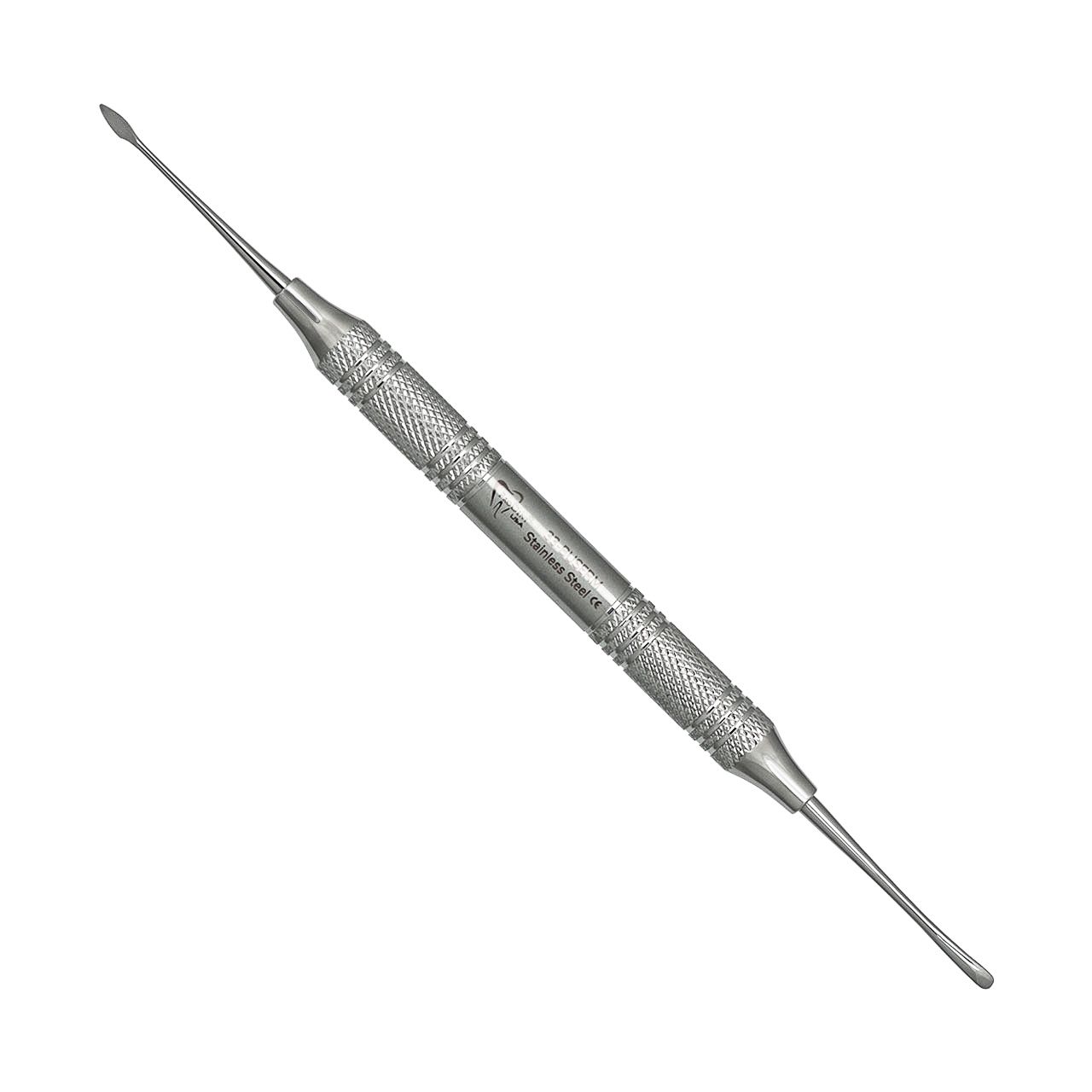 a stainless steel dental instrument with a handle that says ' stainless steel ' on it