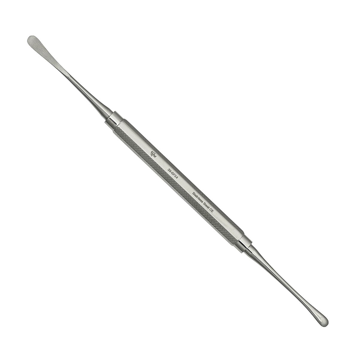 a stainless steel dental instrument with a long handle on a white background