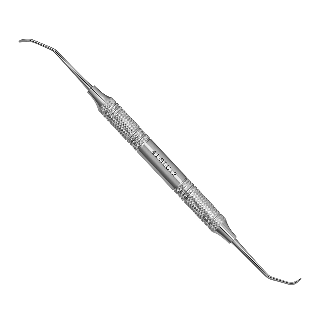 a stainless steel dental instrument with a curved handle on a white background