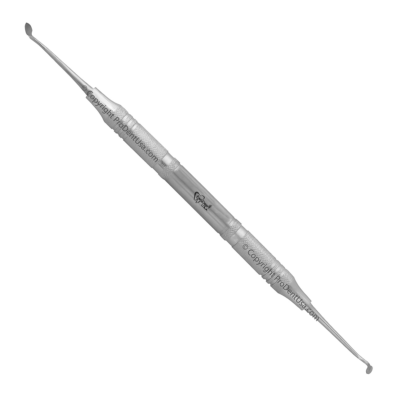 a dental instrument with a stainless steel handle on a white background