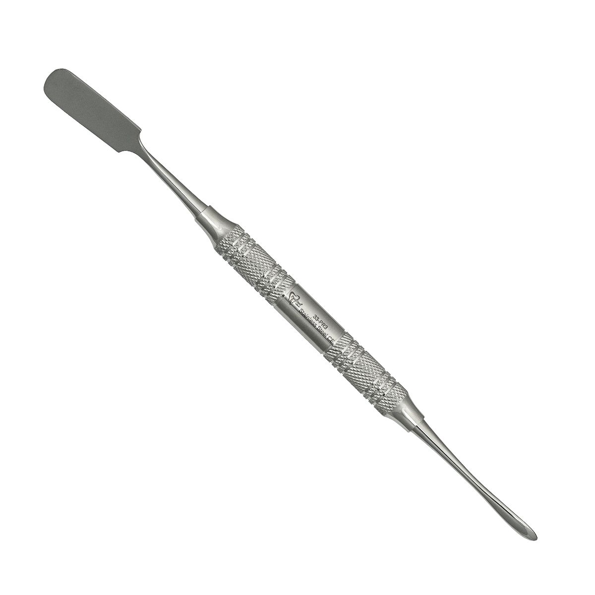 a stainless steel dental tool with a long handle