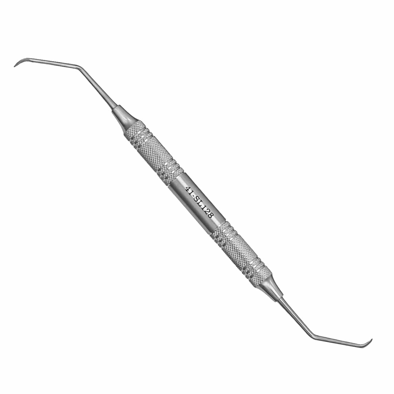 a stainless steel dental instrument with a curved handle on a white background
