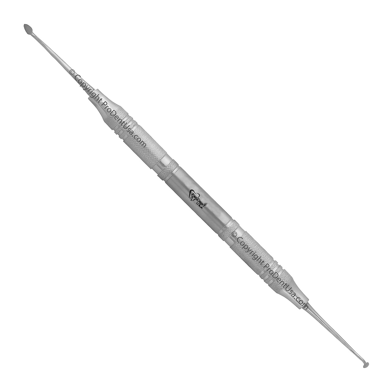 a stainless steel dental instrument with a toothpick and a toothbrush on a white background