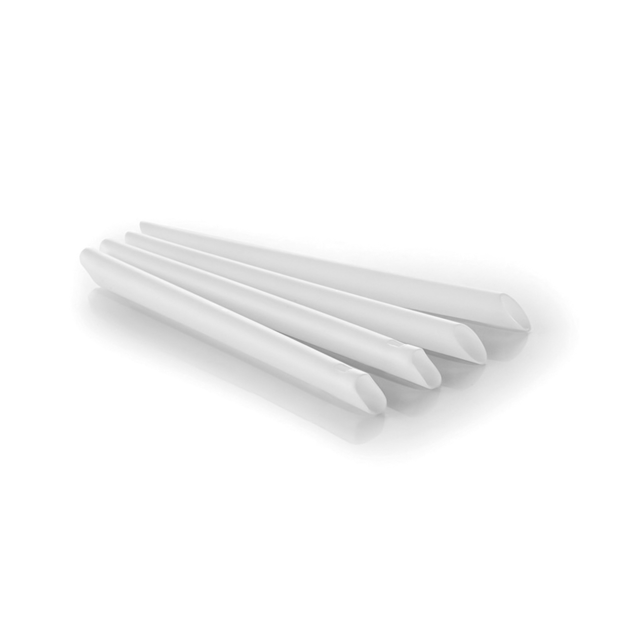 four white high-volume evacuation tips on a white background.