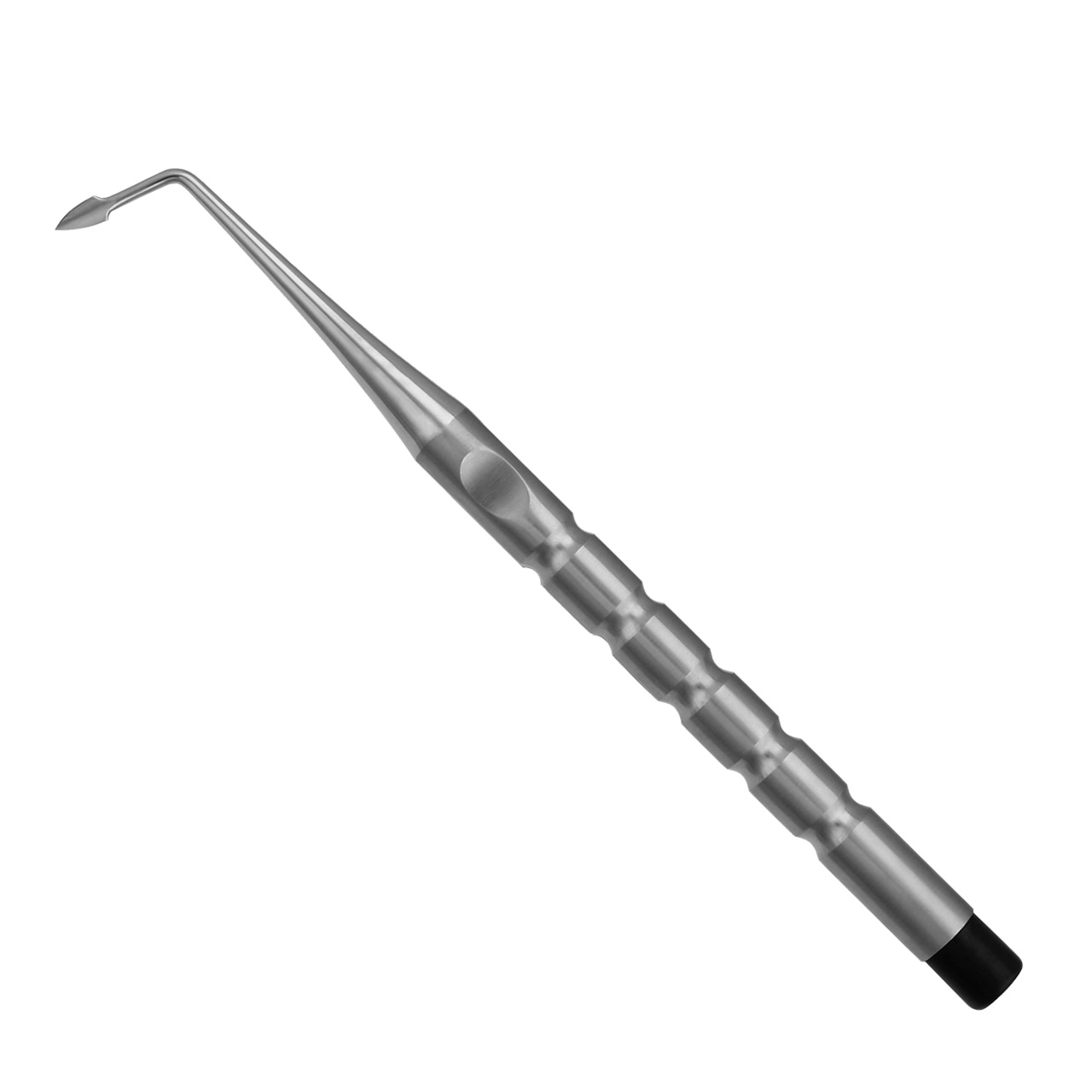 a stainless steel dental instrument with a black handle on a white background