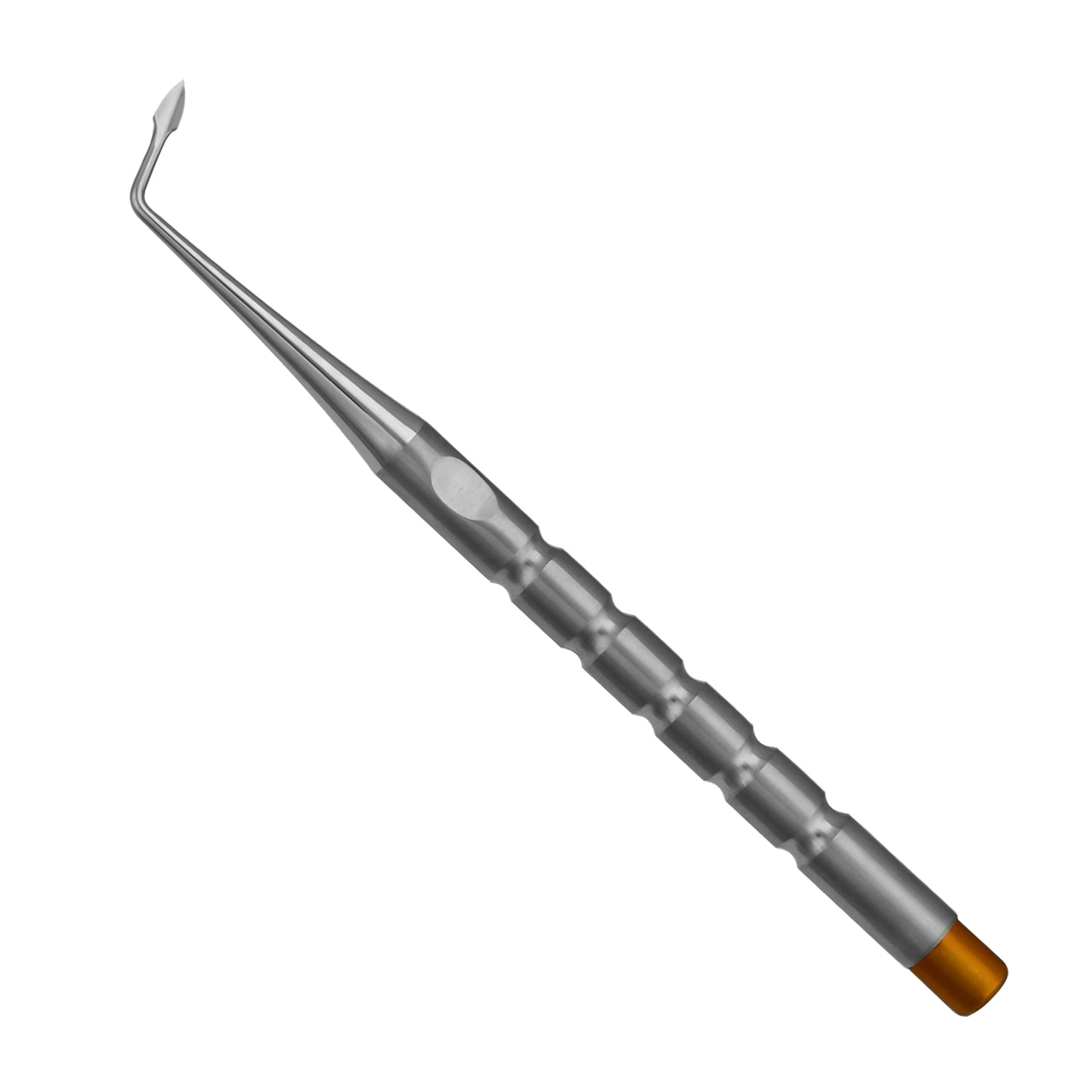 a dental tool with a stainless steel handle and an orange tip on a white background