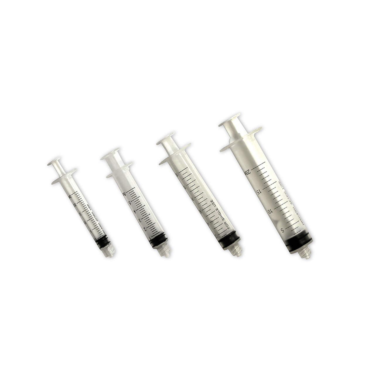 four syringes of different sizes are lined up on a white background