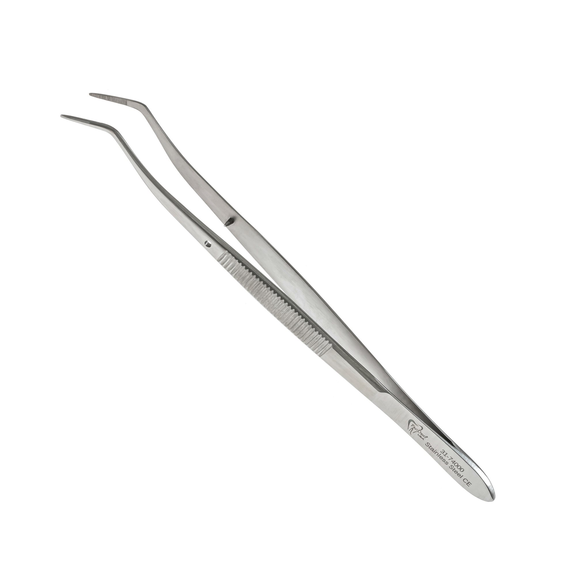 a pair of stainless steel tweezers with a serrated handle