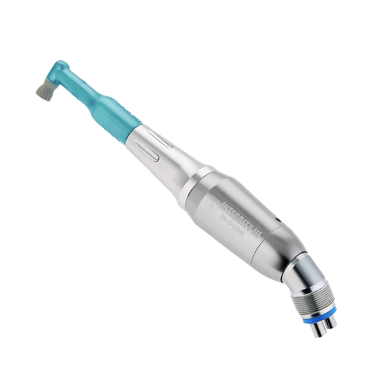 dental cleaning tool with silver shaft and aquamarine end