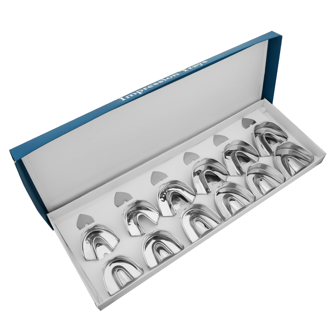 a box filled with stainless steel dental impressions