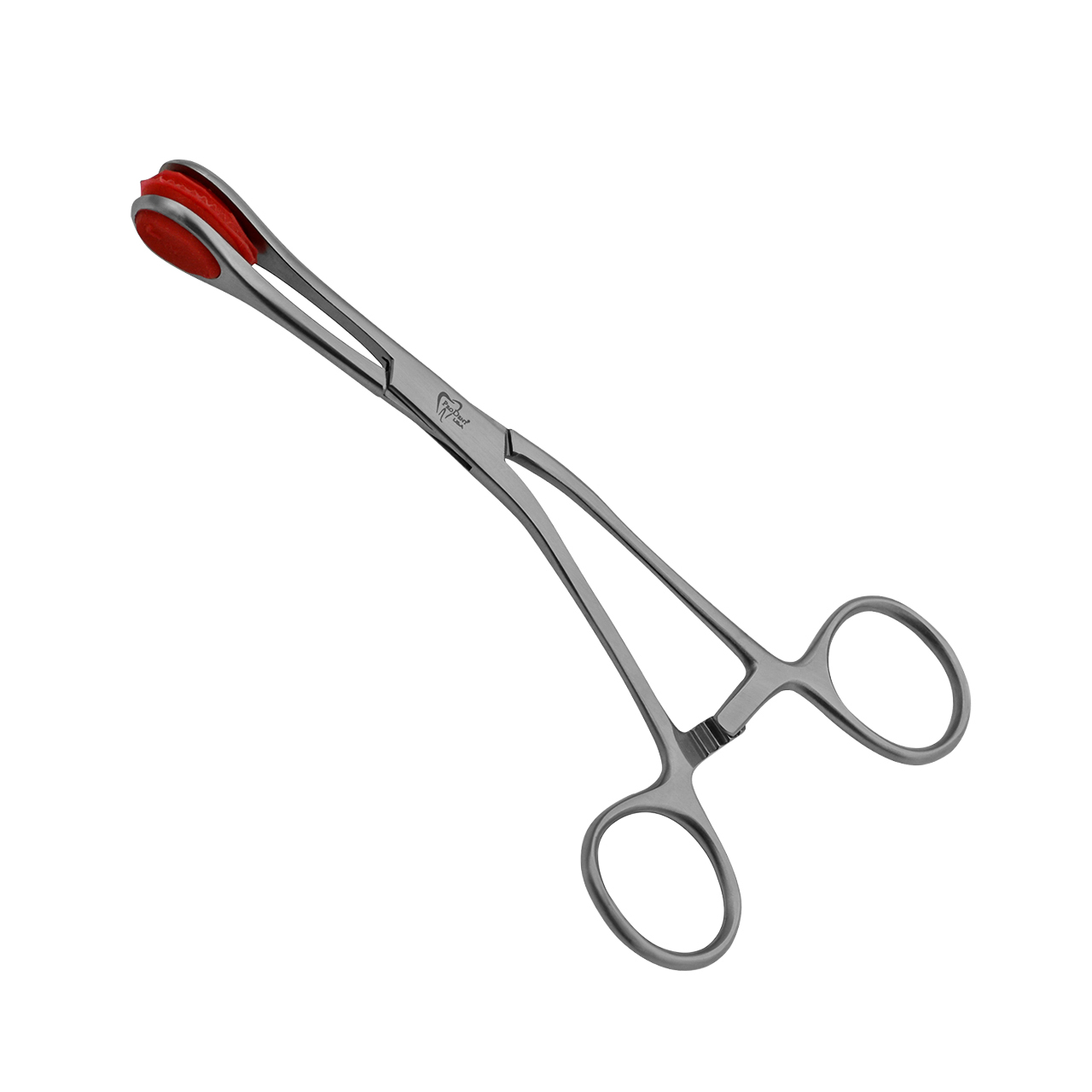 a pair of surgical forceps with a red handle