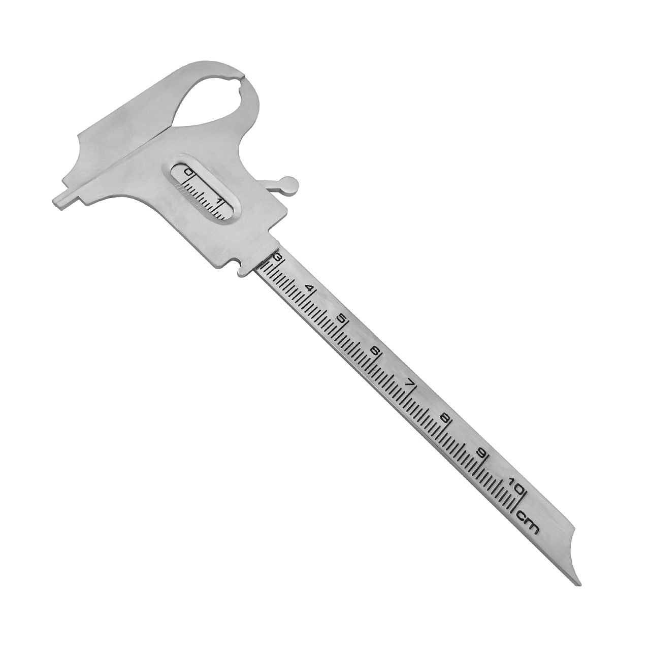 a stainless steel caliper with a ruler that goes up to 10 cm