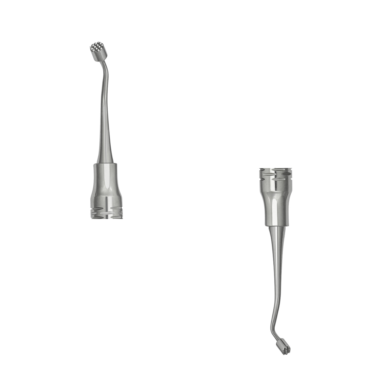 a pair of stainless steel dental instruments on a white background .