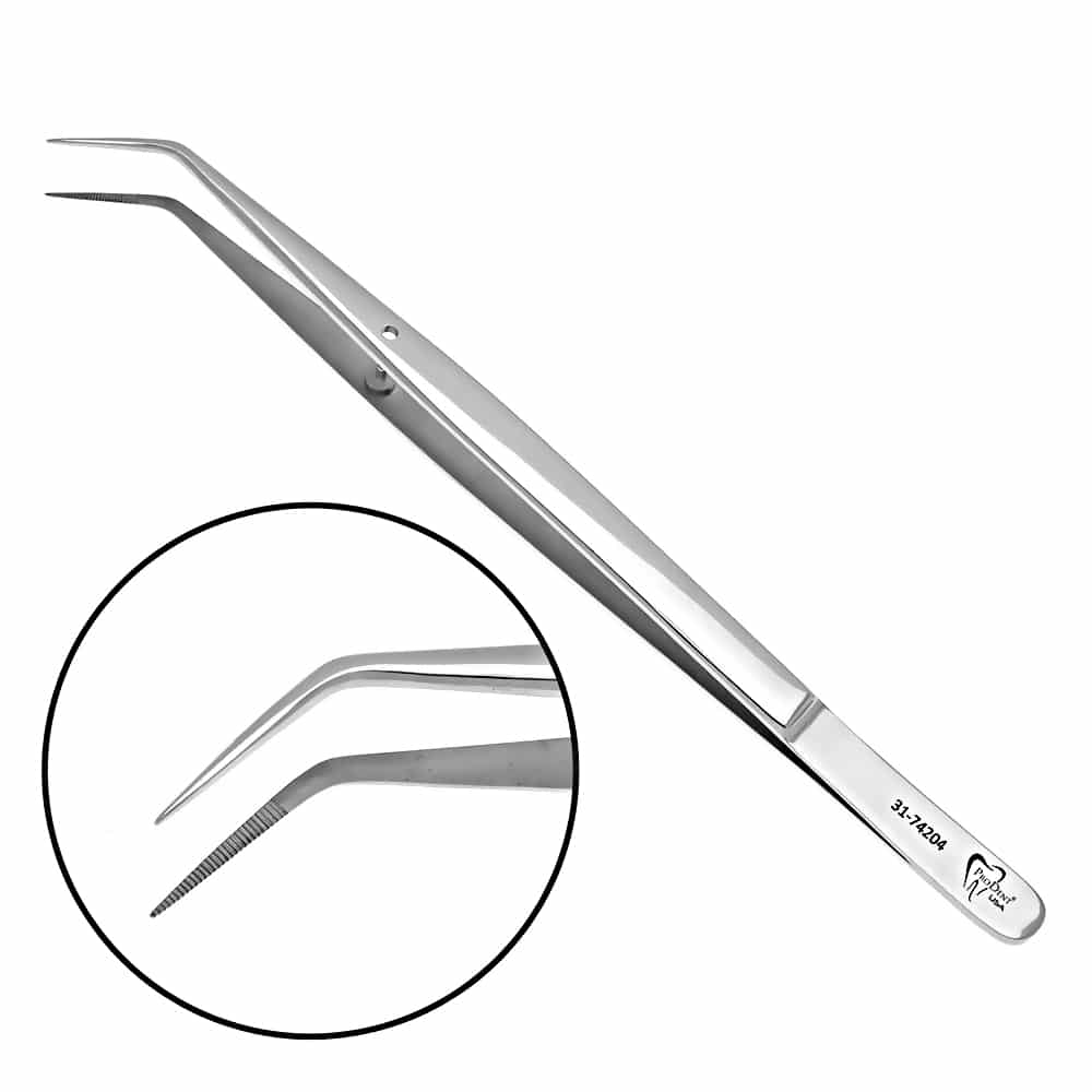silver dental pliers with a narrow serrated tip