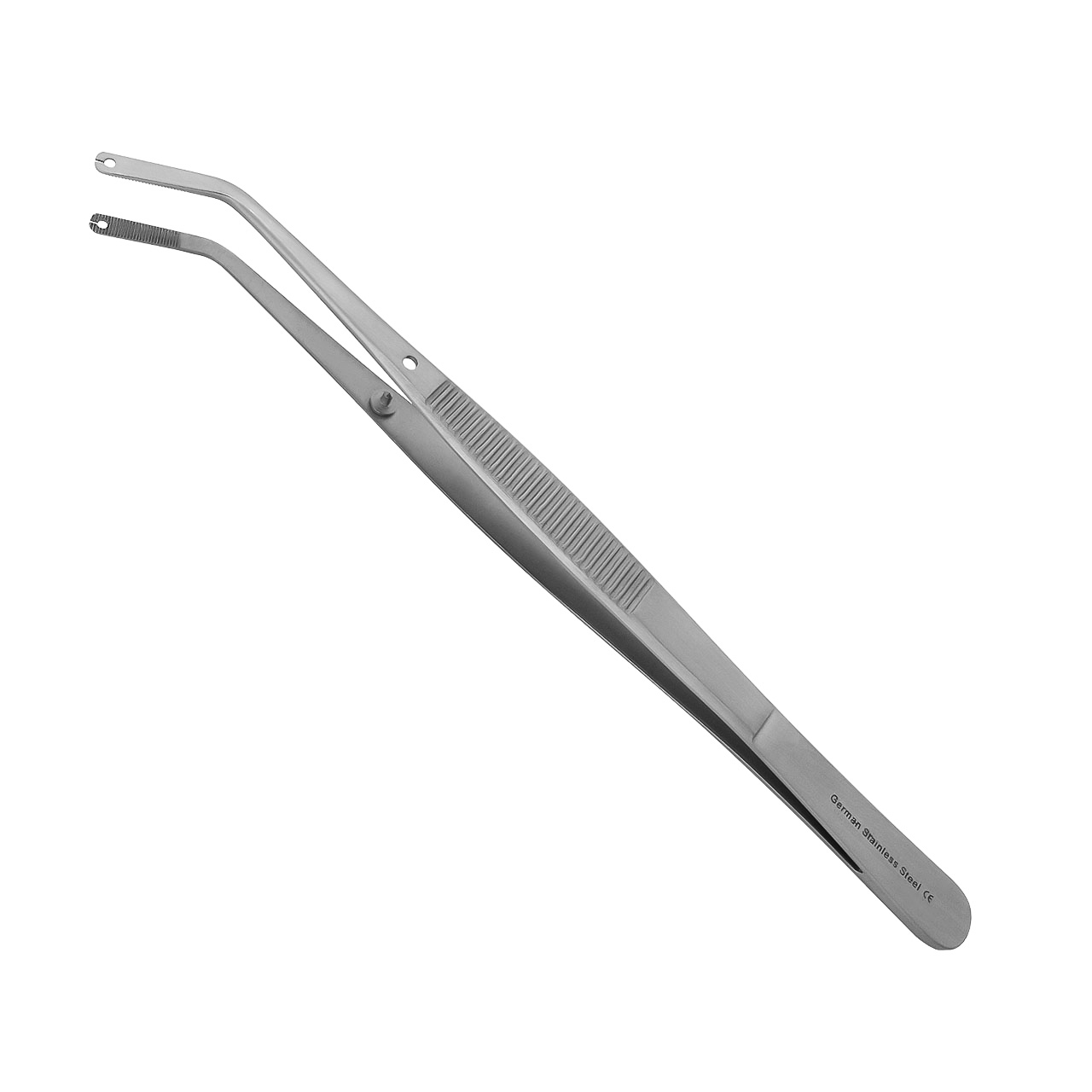 a pair of stainless steel tweezers on a white background