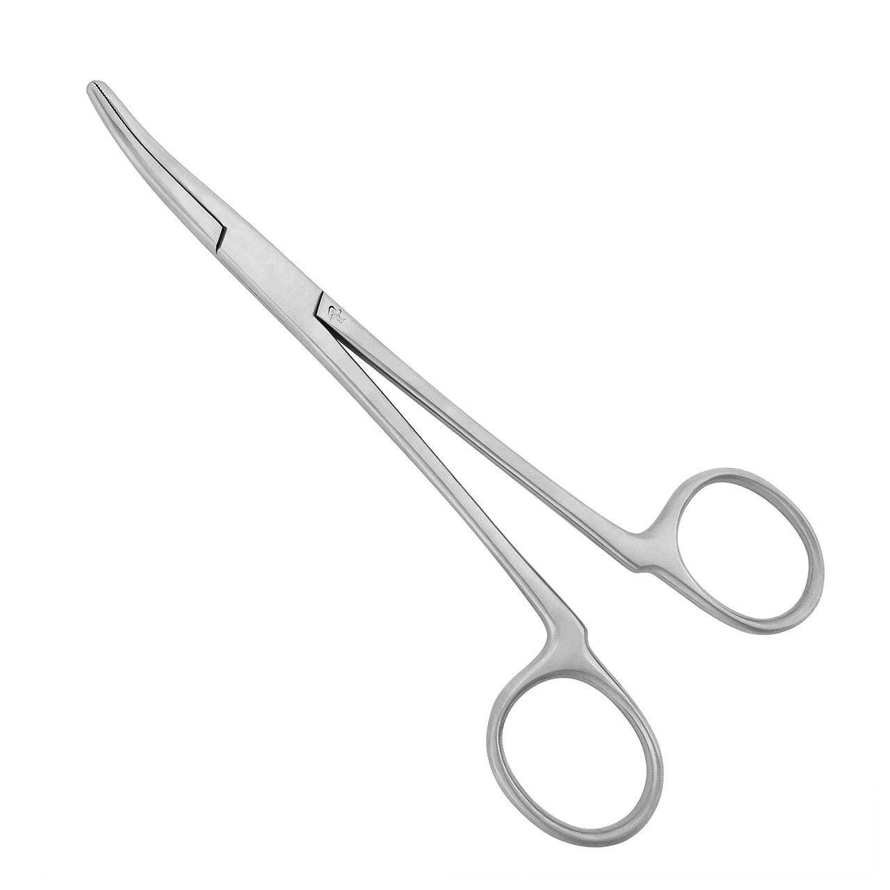 a pair of stainless steel scissors with a curved handle on a white background
