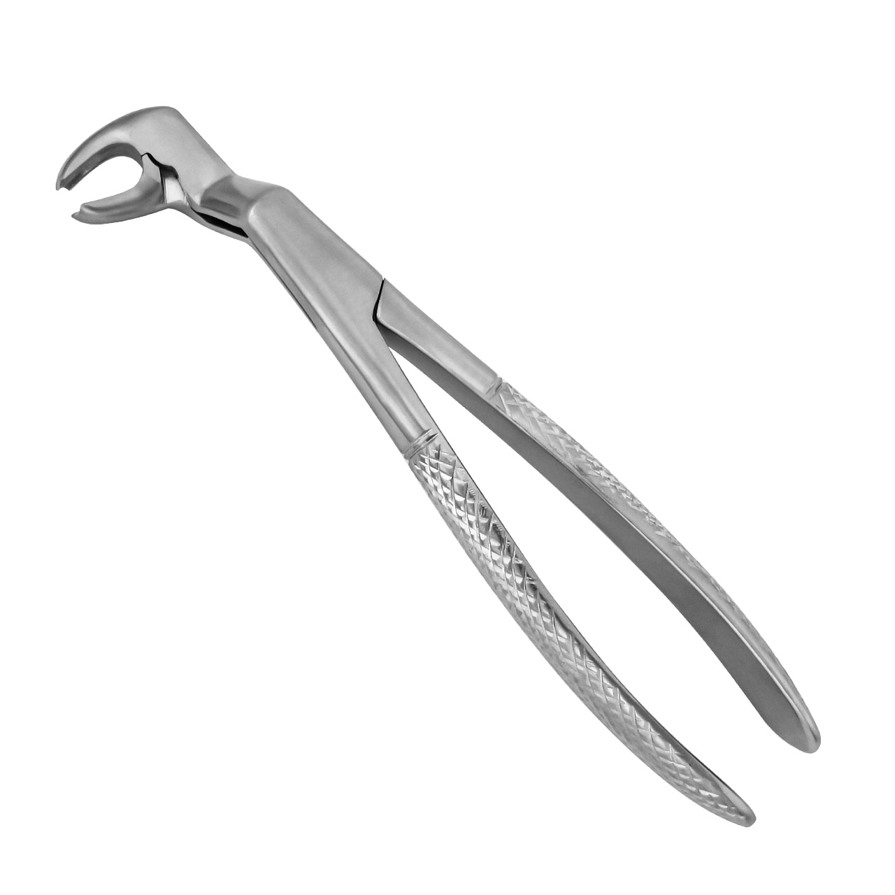 a pair of stainless steel dental forceps on a white background