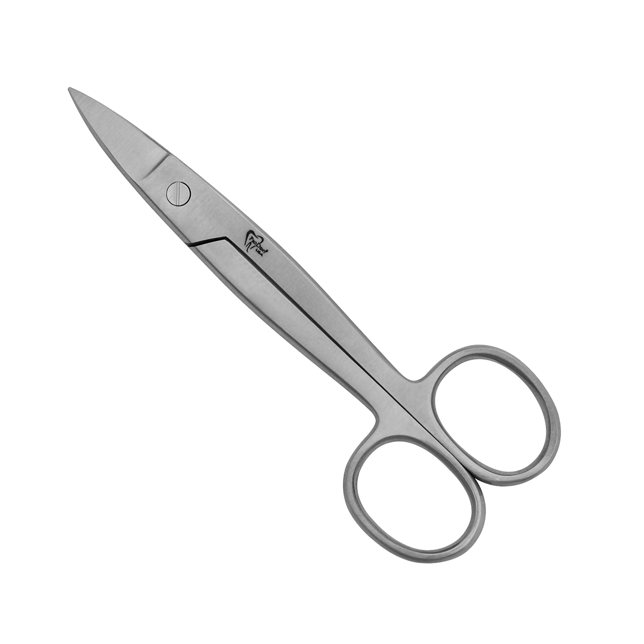 a pair of stainless steel heavy duty curved scissors with logo on it.