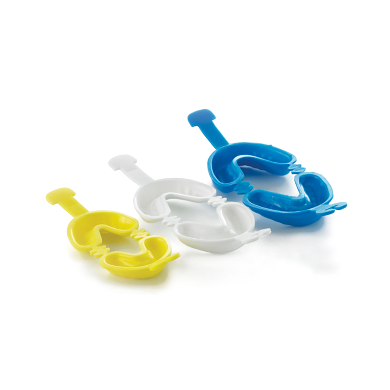 three different colored plastic trays with handles on a white background