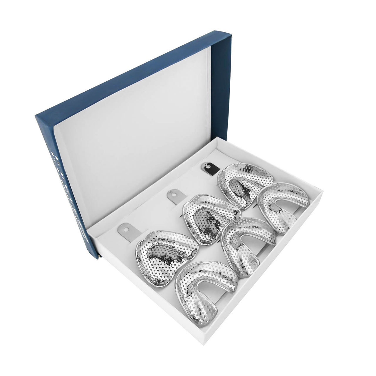 box of 6 silver dental trays for teeth