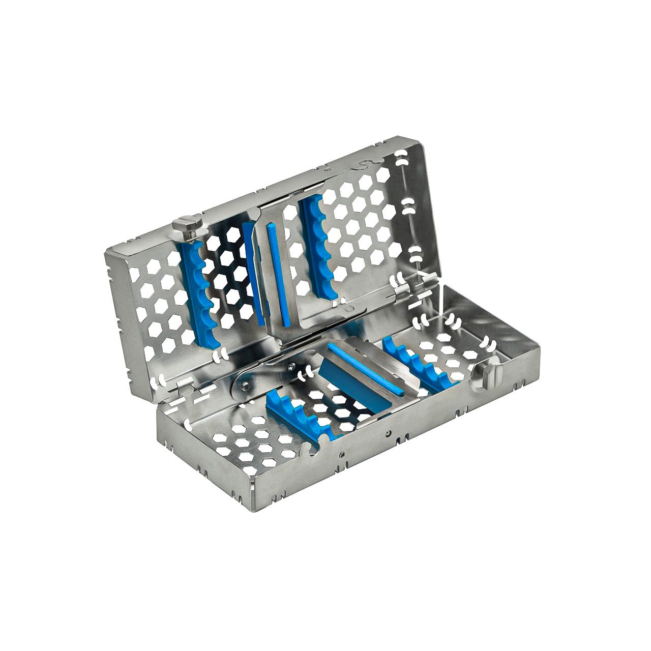 a stainless steel tray with blue handles on a white background