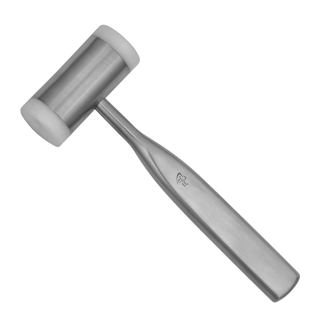 a stainless steel hammer with a white rubber handle on a white background