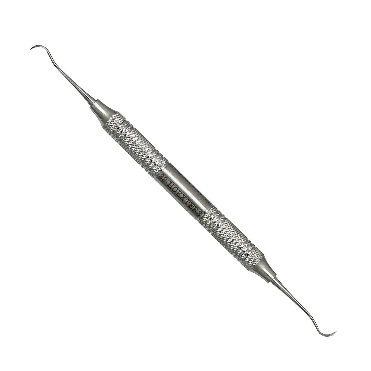 a dental instrument with a stainless steel handle on a white background