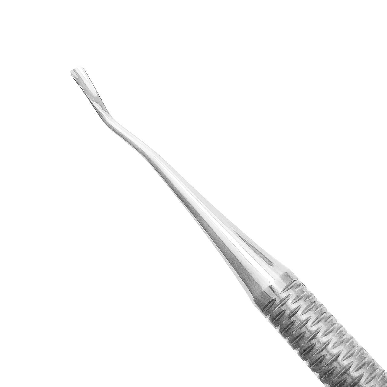 a close up of a dental instrument with a curved handle on a white background