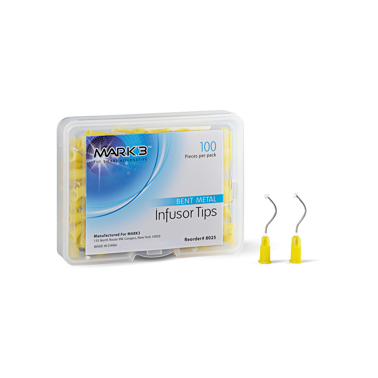 plastic container of Mark 3 bent infusor tips with yellow ends