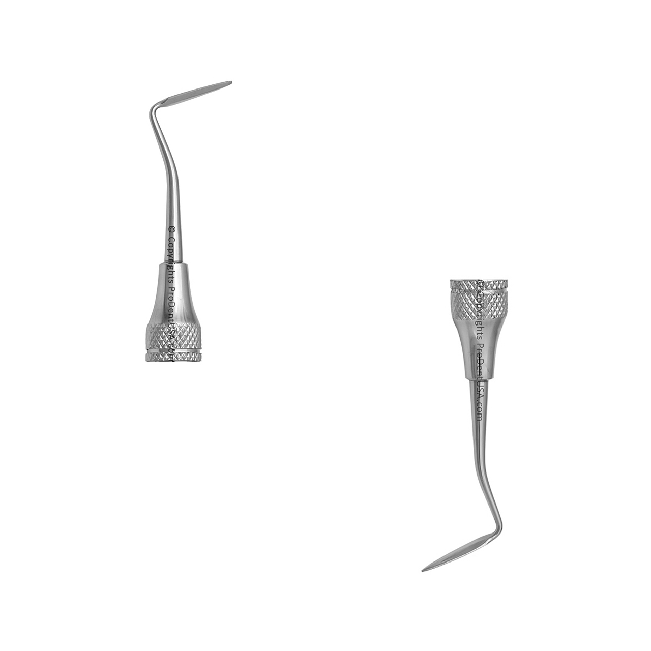 a pair of stainless steel dental instruments with a white background.