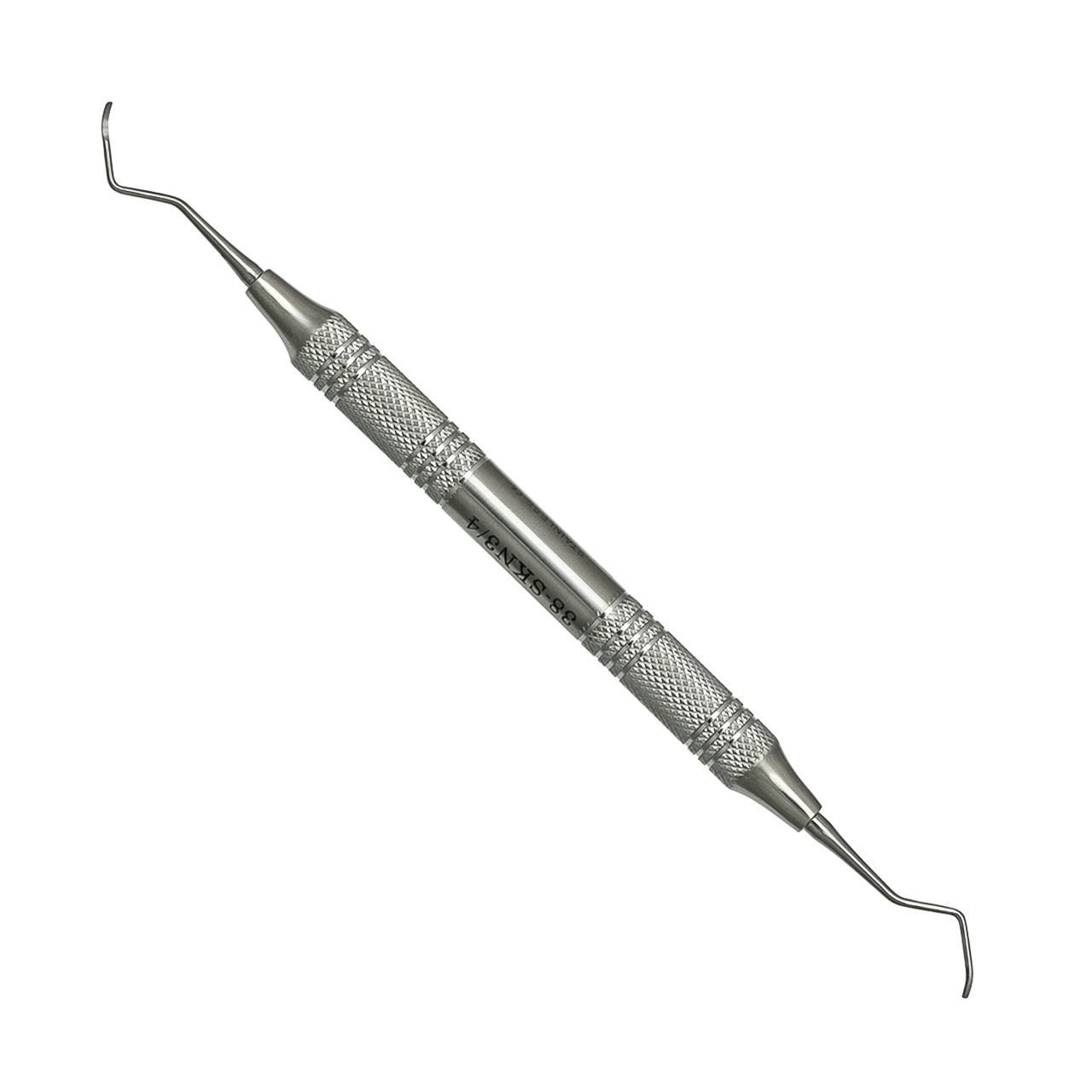 a dental instrument with a stainless steel handle on a white background