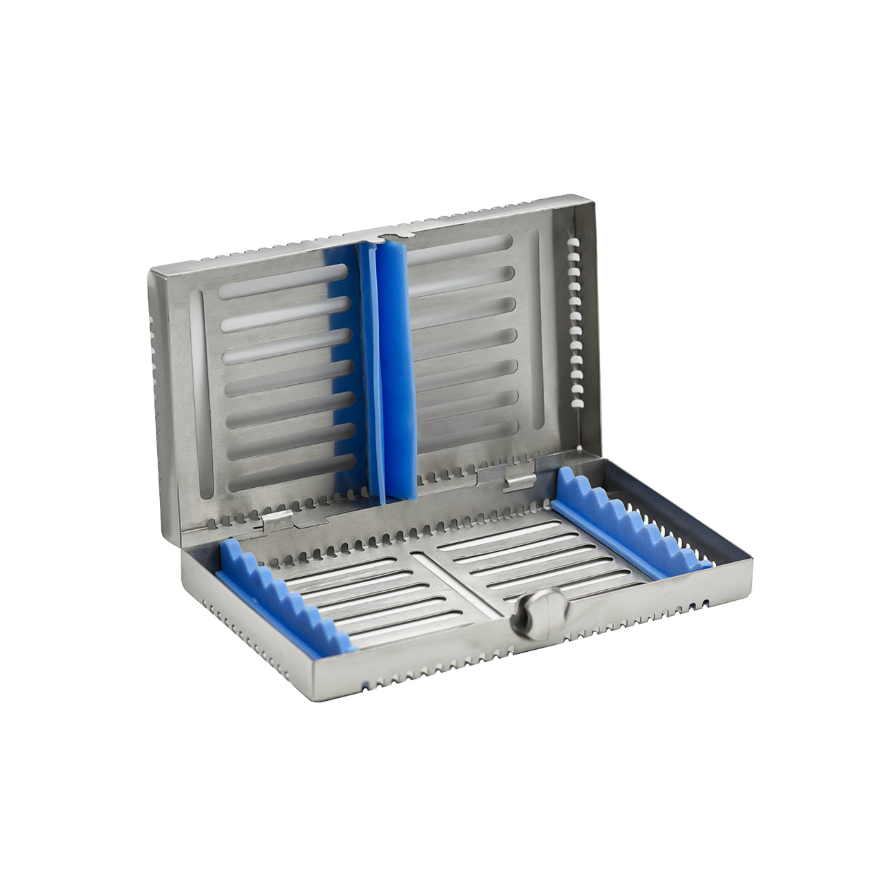 a stainless steel dental instrument case with blue handles on a white background