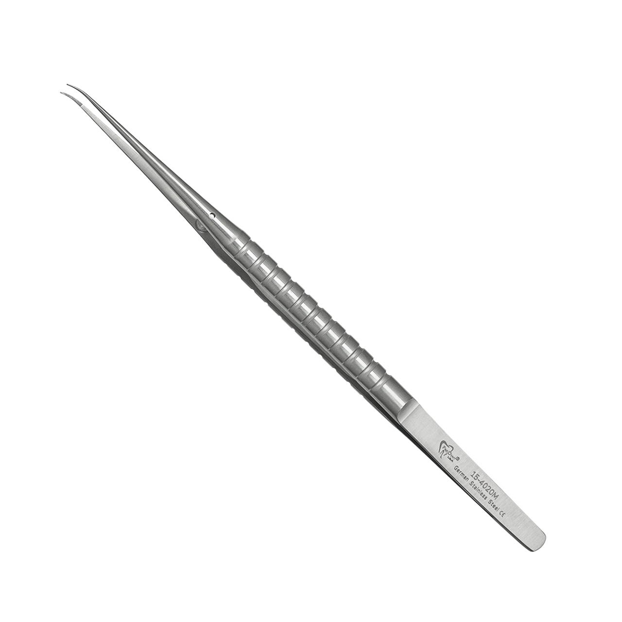 a pair of stainless steel tweezers with a curved tip on a white background