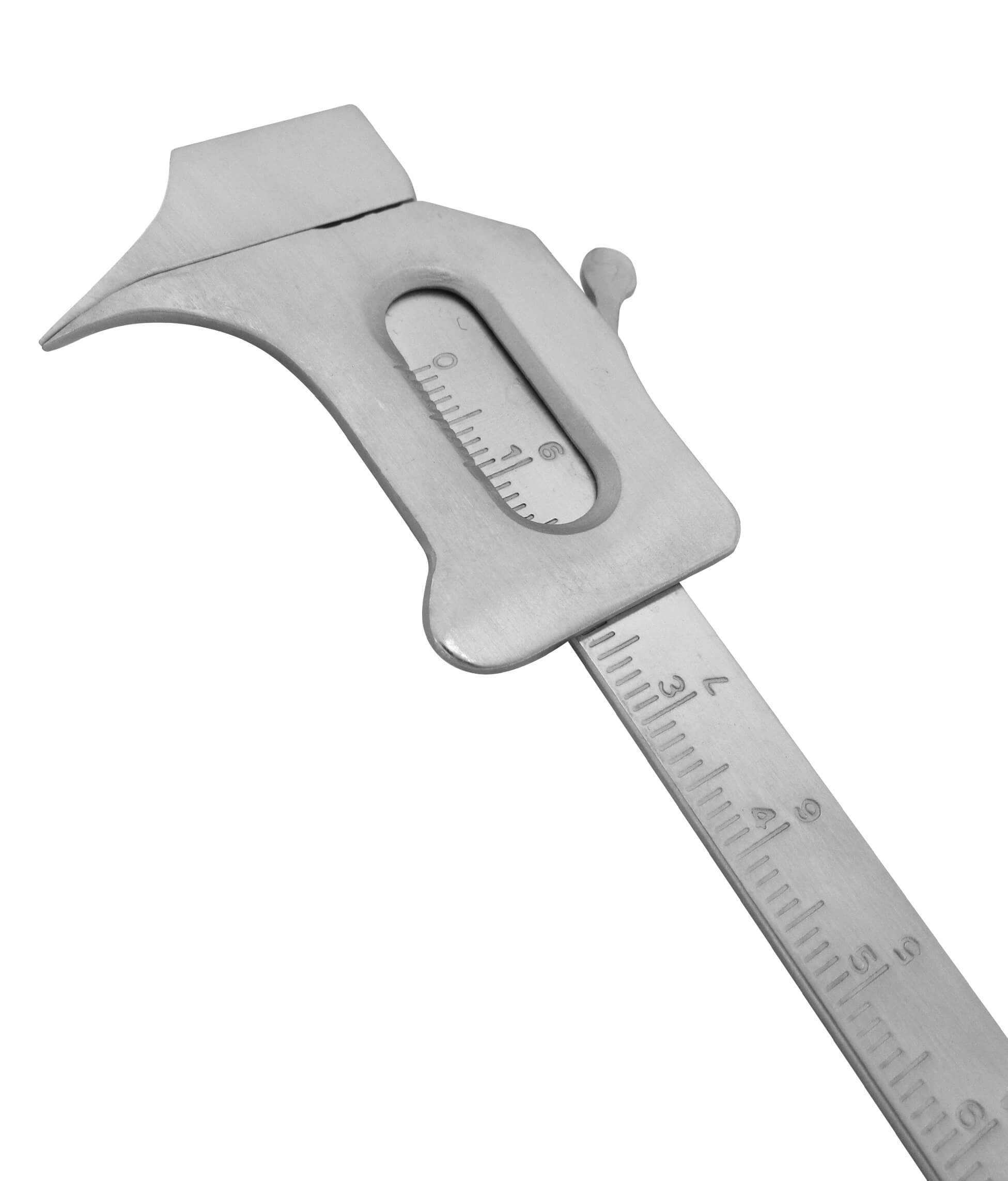 a close up of a stainless steel wrench on a white background .