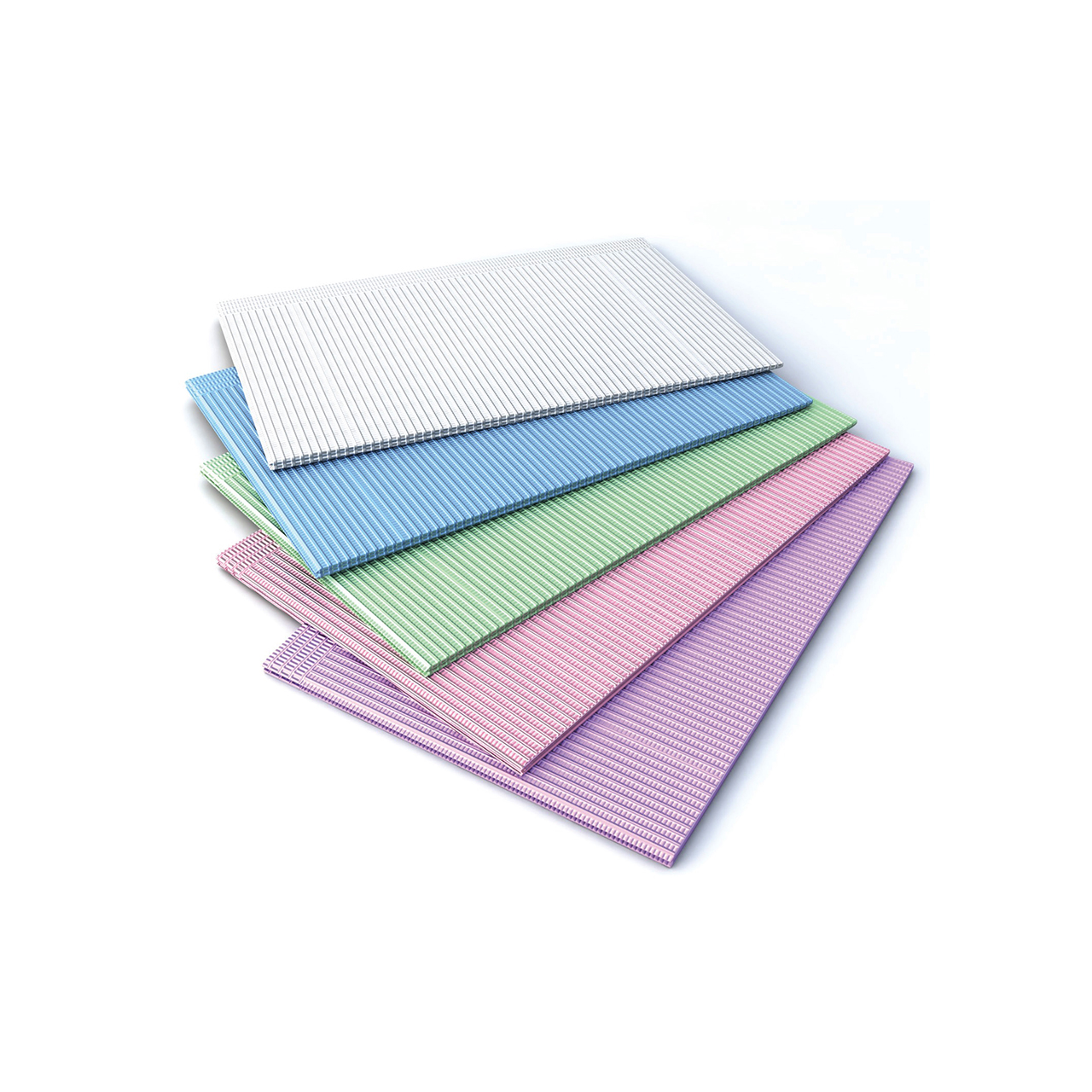a stack of different colored patient bibs for dentists