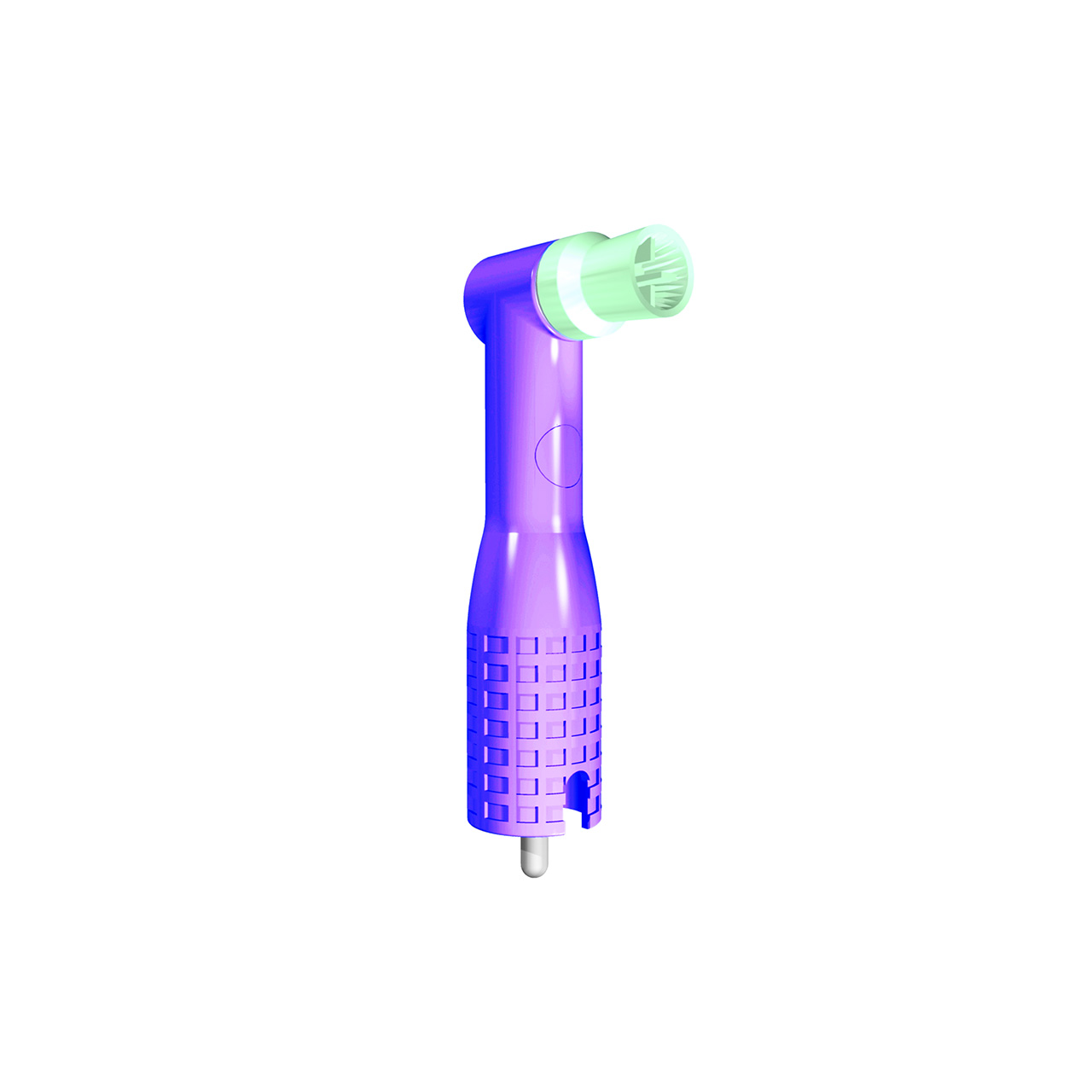 a purple prophy angle tool head with a green tip