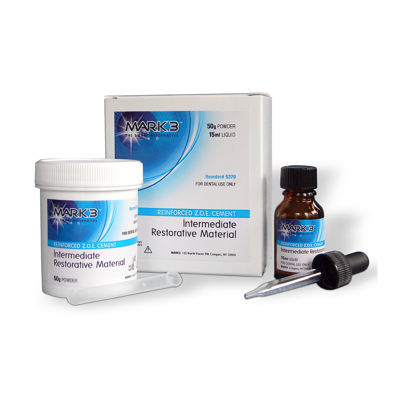 a bottle of intermediate restorative material next to a box and a dropper