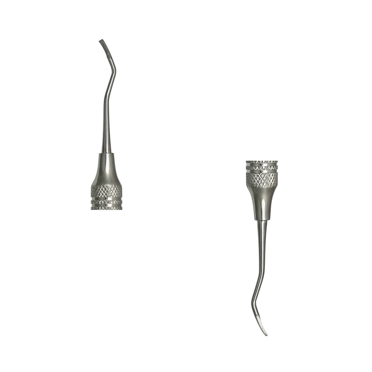 a stainless steel tool with a curved handle on a white background.