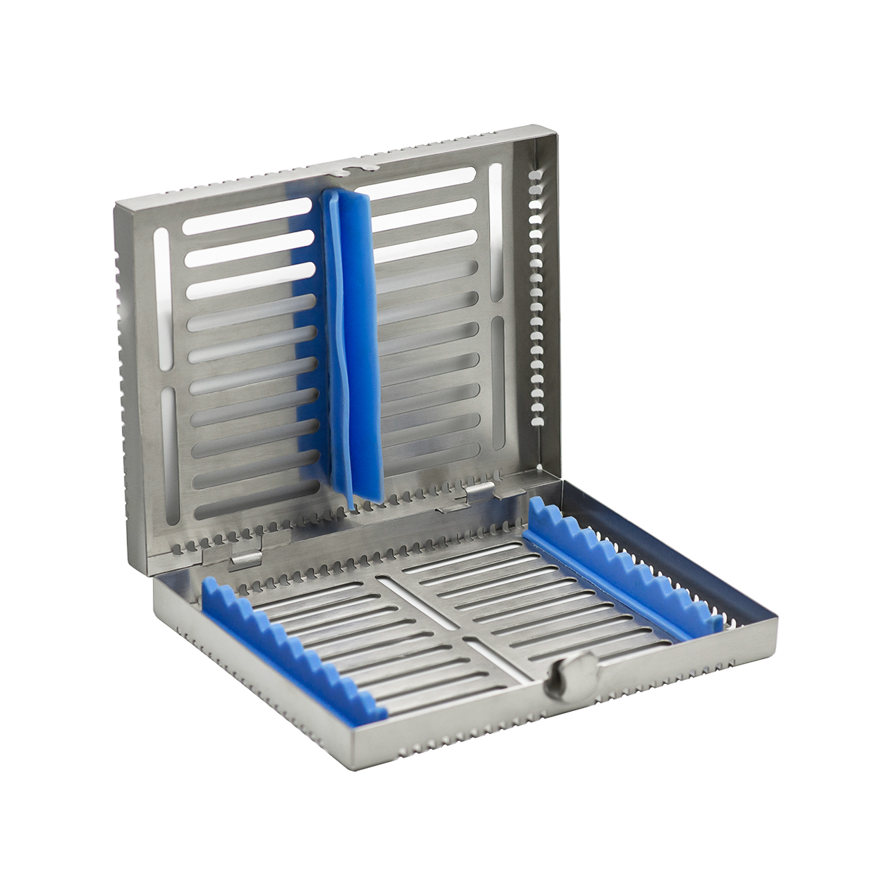 a stainless steel tray with blue handles on a white background .