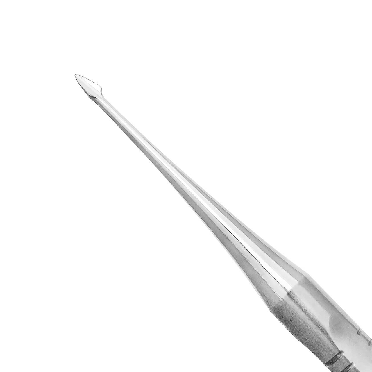 a close up of a stainless steel needle on a white background .