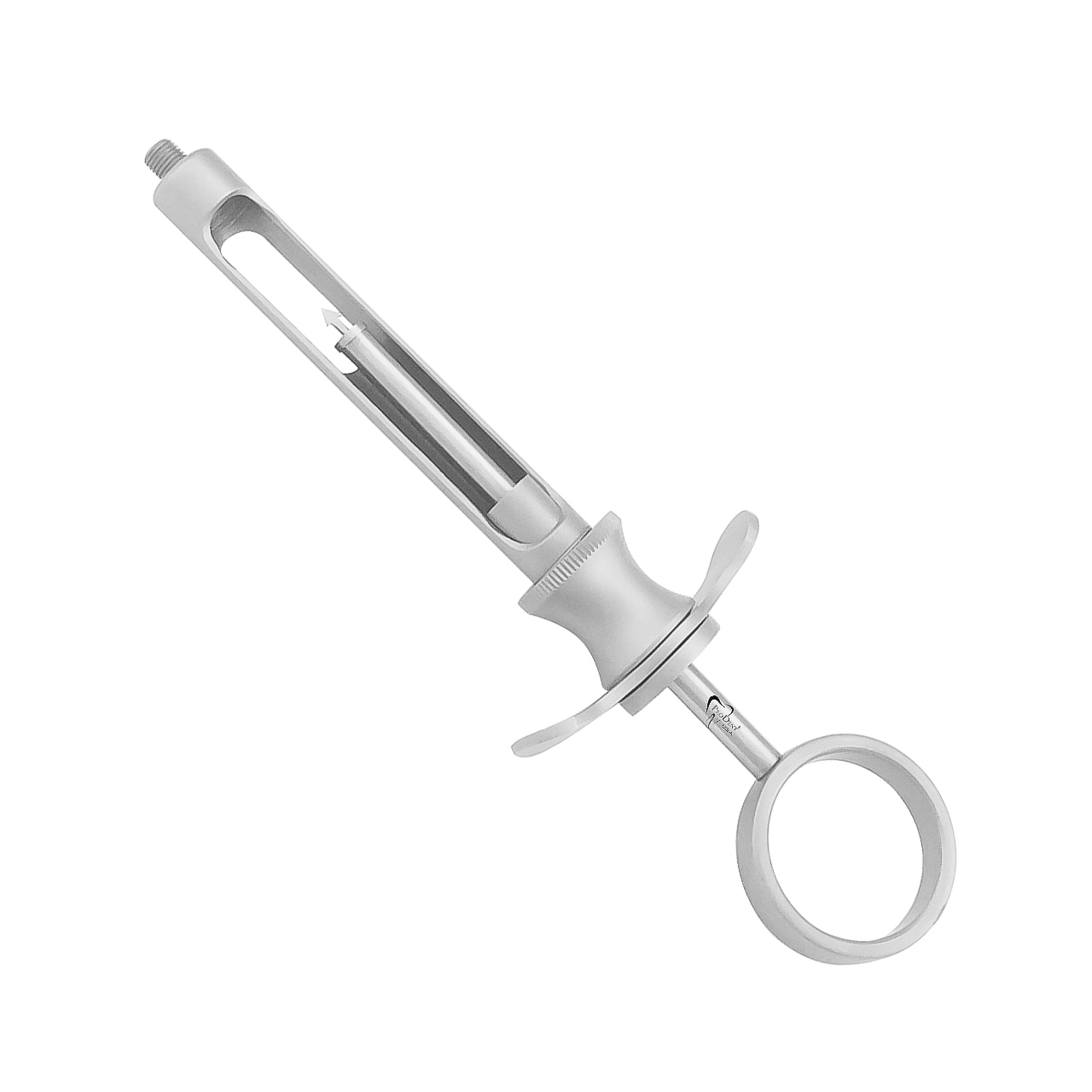 a dental syringe with a ring on the handle on a white background .